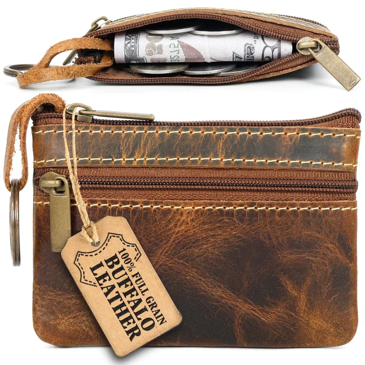 Leather Coin Pouch — Zippered in Antique Brown full grain buffalo leather
