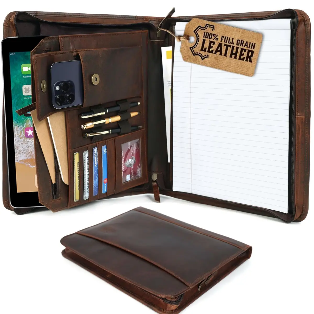 Leather Portfolio Organizer — Zippered in Brown full grain buffalo leather