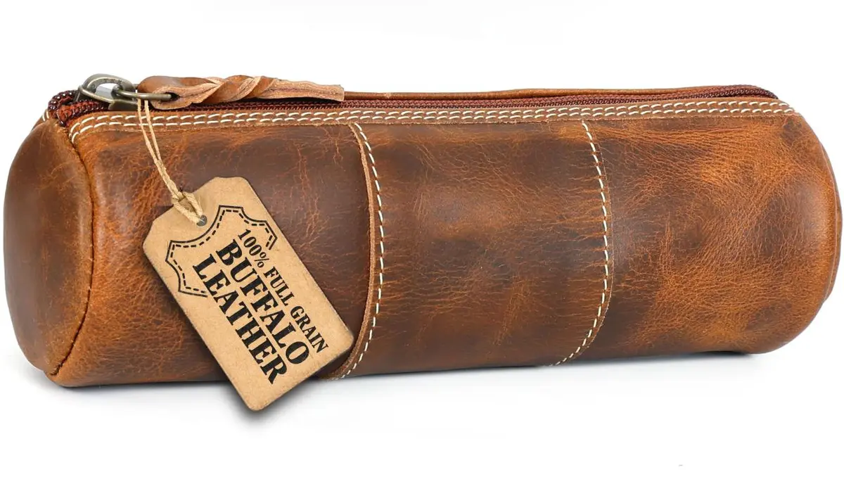 Round Leather Pencil Case in Brown full grain buffalo leather